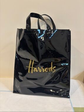 Harrods Black Patent Tote with Gold Logo Script